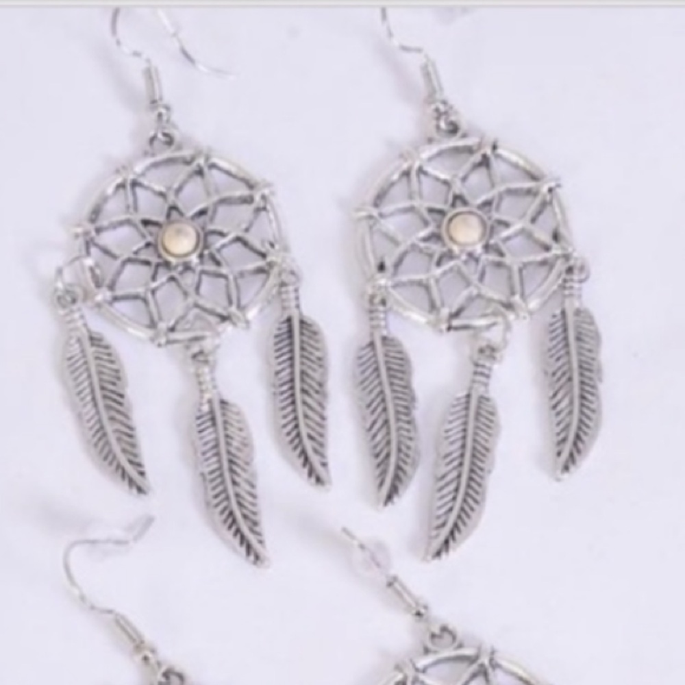 Silver Turquoise White Dream Catcher Earrings Feather Tassel Dangle NEW